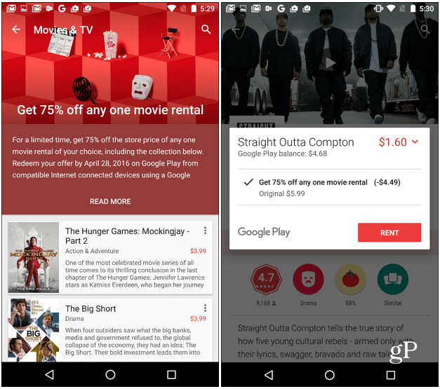 Google Play Movies предлага 75% отстъпка от всякакви филми под наем