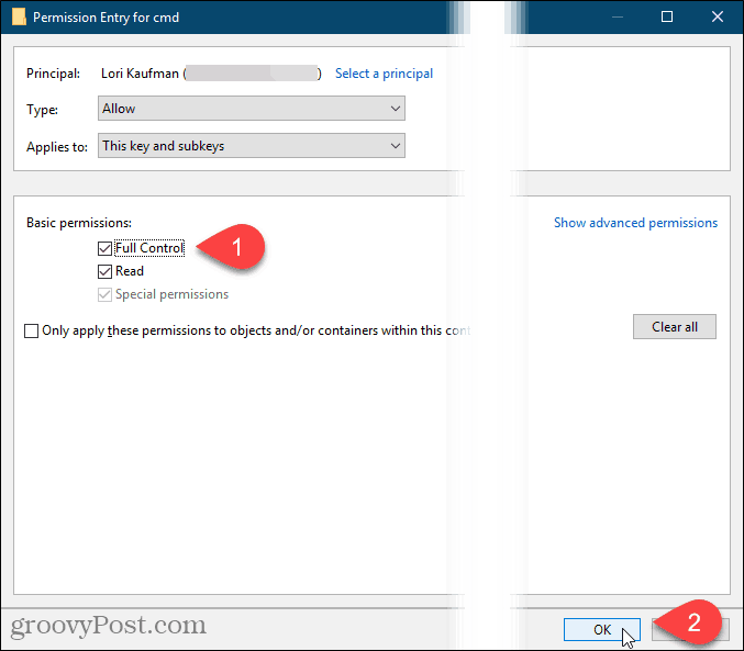 Проверете Пълен контрол и щракнете върху OK в диалоговия прозорец Разрешение за въвеждане в системния регистър на Windows