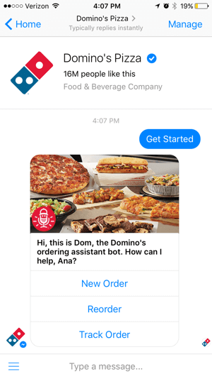 Чатботът на Domino улеснява клиентите да проследят своята поръчка. Това може да намали обажданията до магазина.