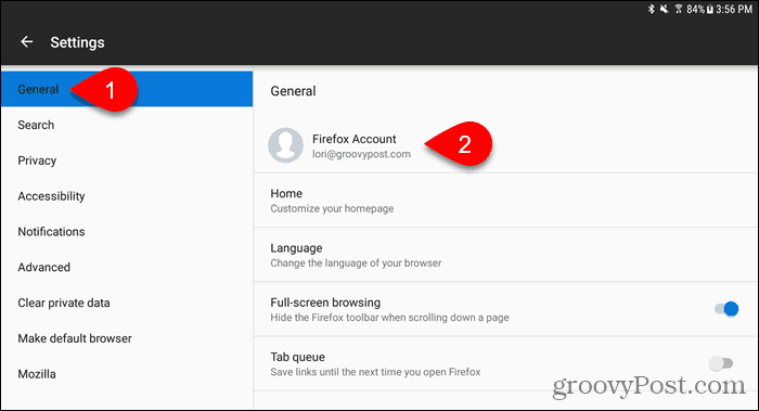 Докоснете акаунта на Firefox в Firefox за Android