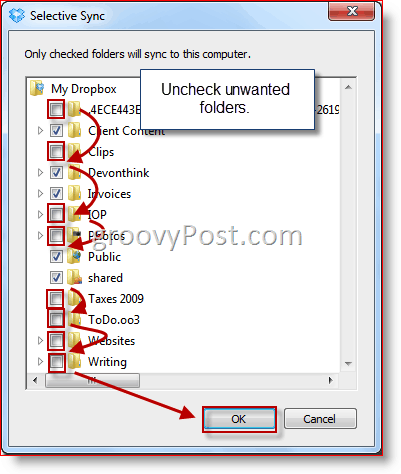 Избор на папка Windows Selective Sync Dropbox