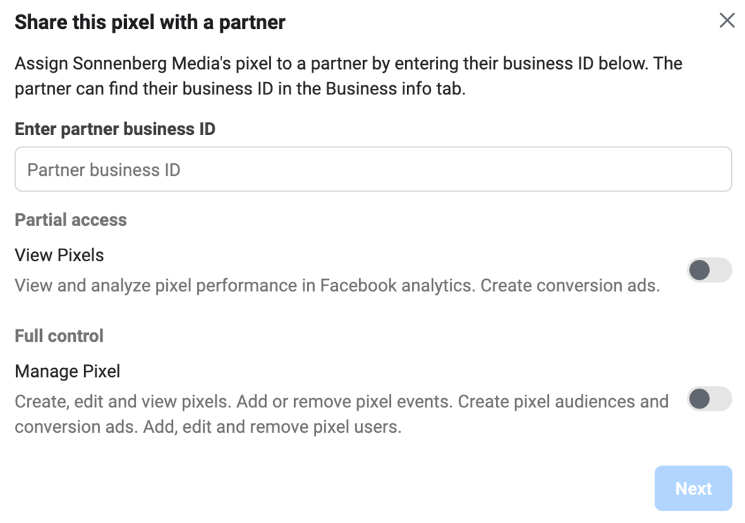 изображение на екрана Споделяне на този пиксел с партньор в Meta Business Manager