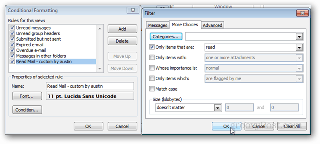 Outlook условно форматиране на панела за четене