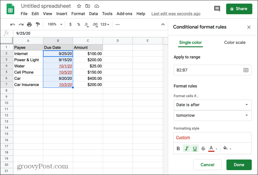 Условно форматиране за дати в Google Sheets