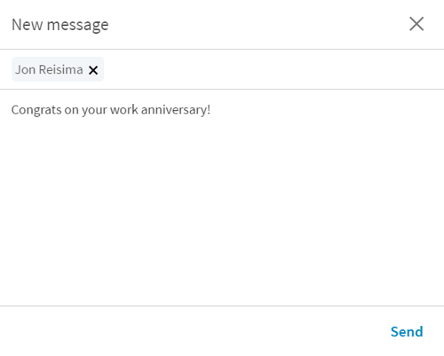 Когато щракнете върху бутона Кажи поздравления, LinkedIn отваря ново съобщение с кратко начало.