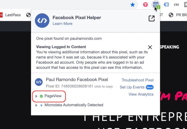 Facebook Pixel Helper показва събитие за преглед на страница