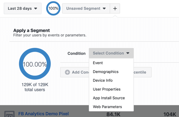 Опции за условията за вашите сегменти във вашите групи източници на събития във Facebook Analytics.