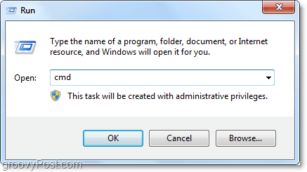 отворете cmd от диалоговия прозорец за стартиране, за да го отворите автоматично като администратор