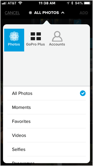 Докоснете иконата + и изберете видеоклип или пет или повече изображения, които да импортирате в Quik.