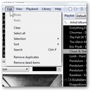 функции на менюто за редактиране на foobar2000 премахнете дубликати, премахнете мъртвите елементи