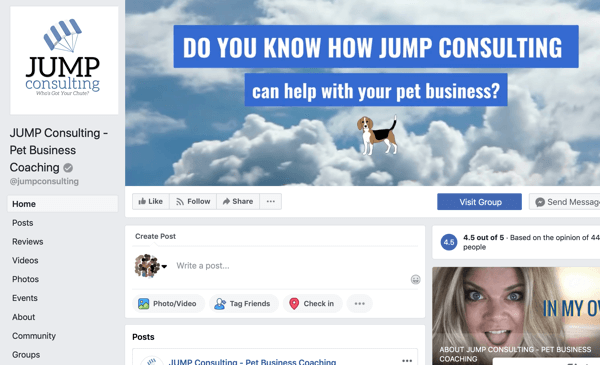 Как да използвам функциите на Facebook Групи, пример за Facebook страница за JUMP Consulting