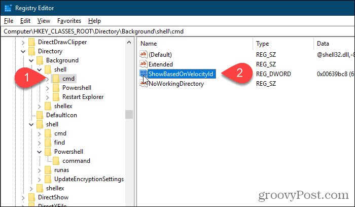 Преименуване на фона cmd стойност HideBasedOnVelocityId в редактора на системния регистър на Windows