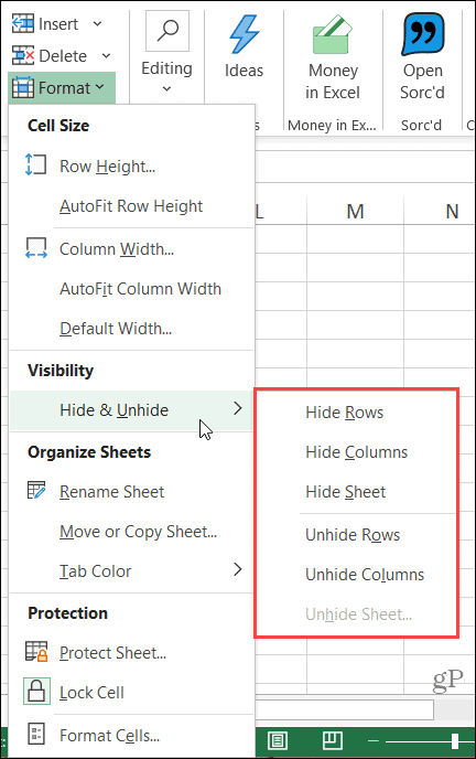 Скриване на лентата на колоната в Excel за Windows