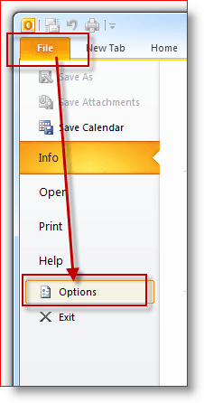 Файл на Outlook 2010, меню с опции