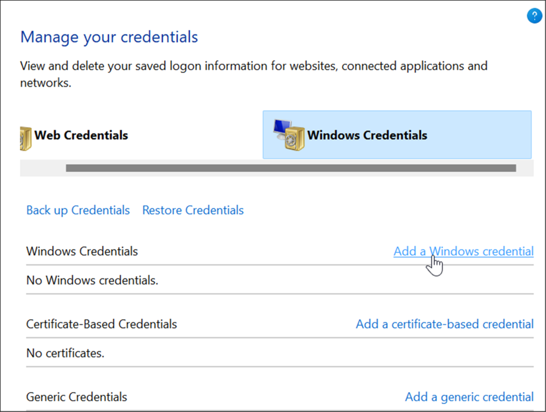 добавяне на идентификационни данни за Windows