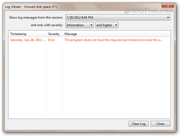 Програмата няма необходимите разрешения за изтриване на неизползваното пространство на диска