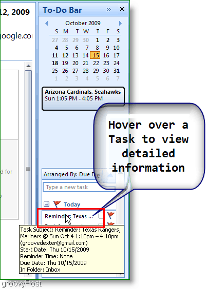 Лента със задачи на Outlook 2007 - задръжте курсора на мишката върху елемент за повече подробности