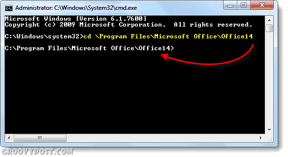 навигирайте cmd до Office 14 2010 папка в Windows 7