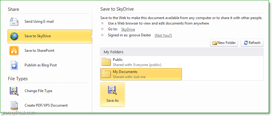 Как мога да запазя файл в Office 2010 skydrive