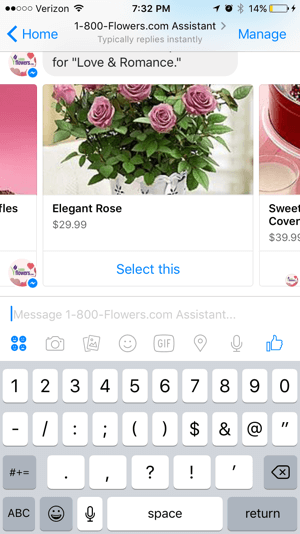 Клиентите могат лесно да разглеждат и избират продукти от чат-бота 1-800-Flowers.