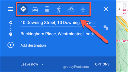 Опции за пътуване в Google Maps