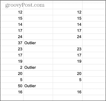 google sheets премахна извънредните стойности