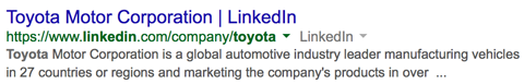 toyota linkedin фирмена страница в резултатите от търсенето с google