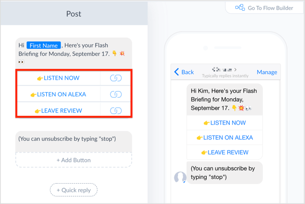 Съставете съобщение в ManyChat и добавете бутони.