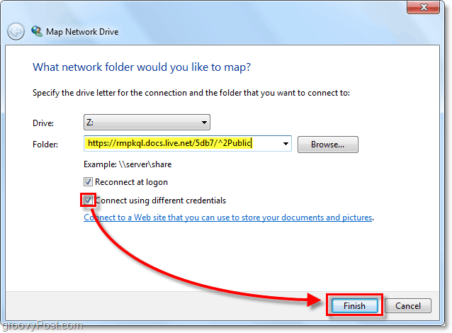 поставете във вашия Windows live skydrive url към картографираното мрежово устройство opion и проверете свържете usin различни идентификационни данни, след което щракнете върху Finish.