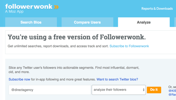 Изберете акаунта в Twitter, който искате да анализирате с Followerwonk.