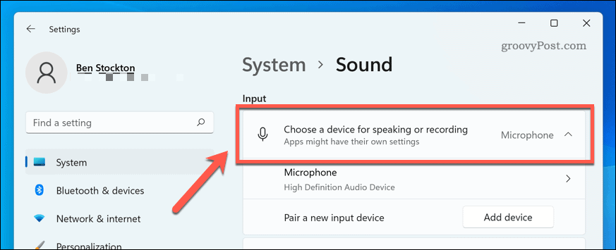 Избор на устройство за въвеждане на звук в Windows 11