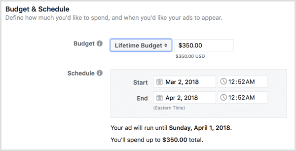 Изберете доживотен бюджет за рекламите си.