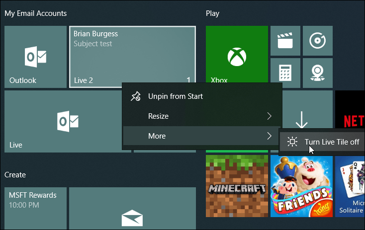 Подредете Live Mail плочки Windows 10 Старт