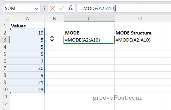 Примерна формула MODE в Excel