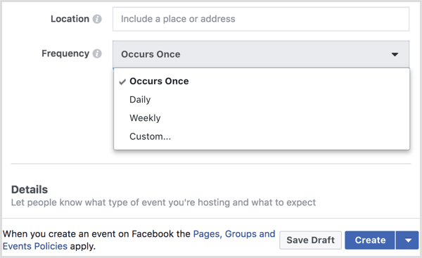 изберете интервал от менюто Честота, за да създадете повтарящо се събитие с Facebook страница