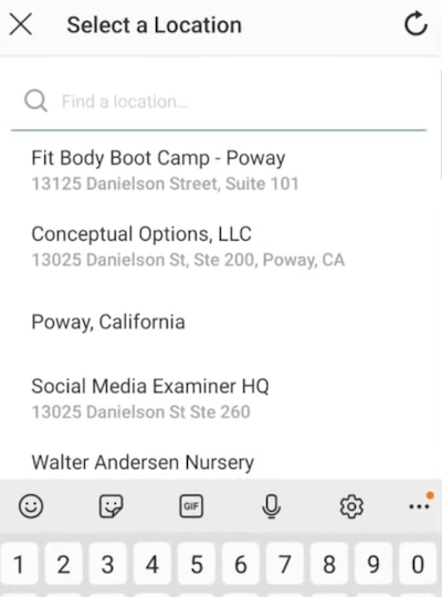 пример от менюто на опцията за избор на местоположение за маркера за местоположение на instagram
