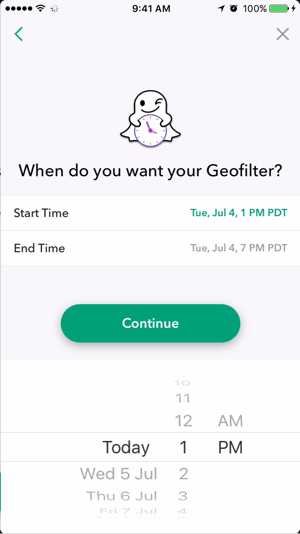 Изберете дата и час, за да бъде активен вашият Snapchat геофилтър.