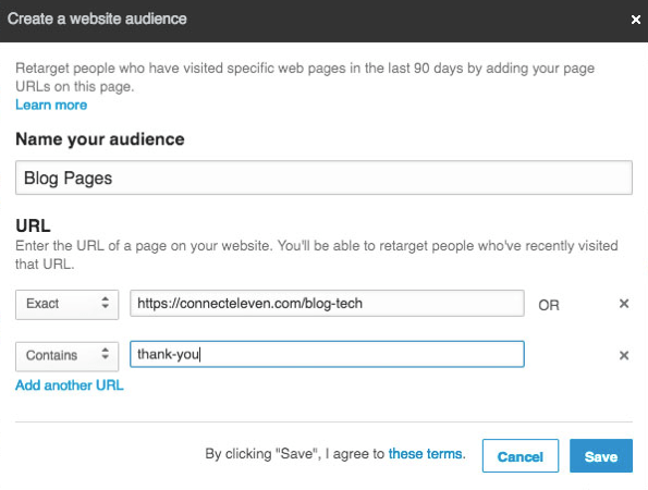 Можете да добавите множество URL адреси, които да пренасочите с LinkedIn Matched Audiences.