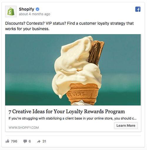 Реклама в публикация в блог от платформата за електронна търговия Shopify.