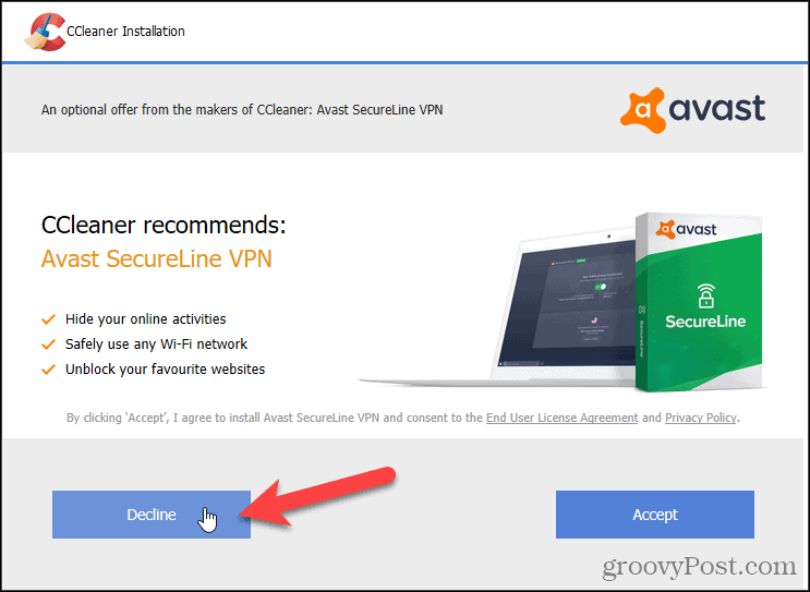 Отхвърлете Avast VPN в CCleaner