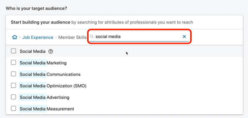 екранна снимка на резултатите от търсенето за умения за членове на „социални медии“ в LinkedIn
