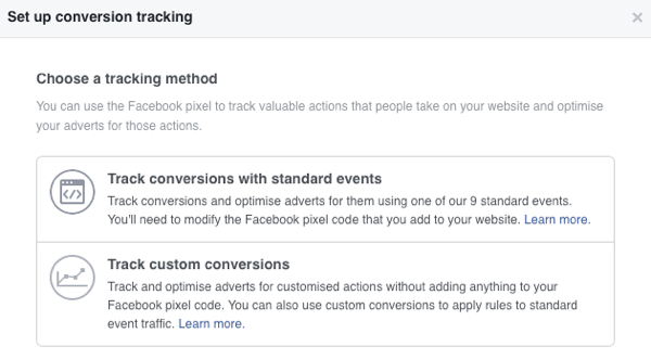 Можете да избирате от два метода за проследяване на реализациите за реклами във Facebook.