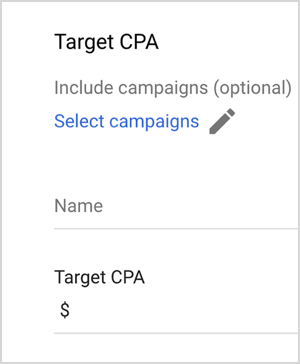 Това е екранна снимка на опциите за целева CPA на Google Ads. Тези опции са Включване на кампании (по избор), Избор на кампании, Име, Целева CPA (с текстово поле за въвеждане на стойност). Майк Роудс казва, че опциите за интелигентно офериране на Google Ads като целева CPA използват изкуствен интелект за управление на оферирането.