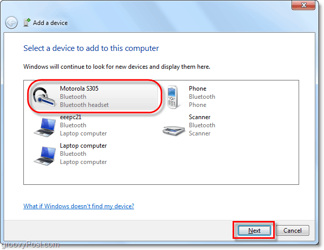 щракнете върху вашето Bluetooth устройство от Windows 7, добавете съветника за устройство и щракнете върху следващия