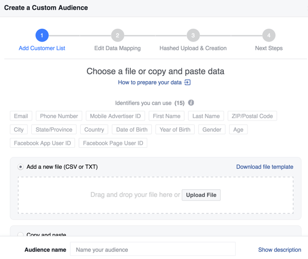 Когато създавате потребителска аудитория във Facebook от вашия имейл списък, можете да подобрите процента на съвпадение с допълнителни идентификатори.