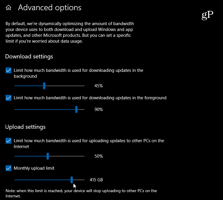 Windows 10 Задайте настройки за изтегляне и качване на честотна лента