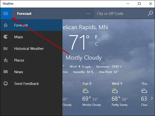 меню за хамбургер Windows 10 Weather
