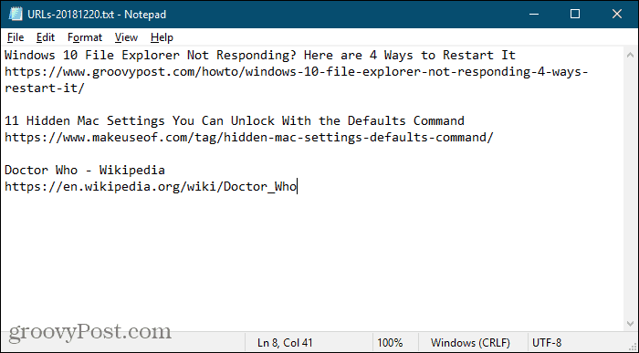 URL адреси в раздела от разширението TabCopy, запазени в Notepad