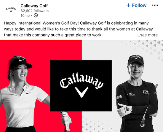 Публикация на страницата на LinkedIn Golf за Callaway за Международния ден на жената