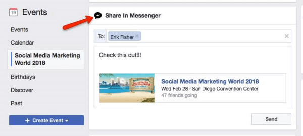 Facebook подканва потребителите да споделят събитие, открито във Facebook, с други потребители на Messenger.